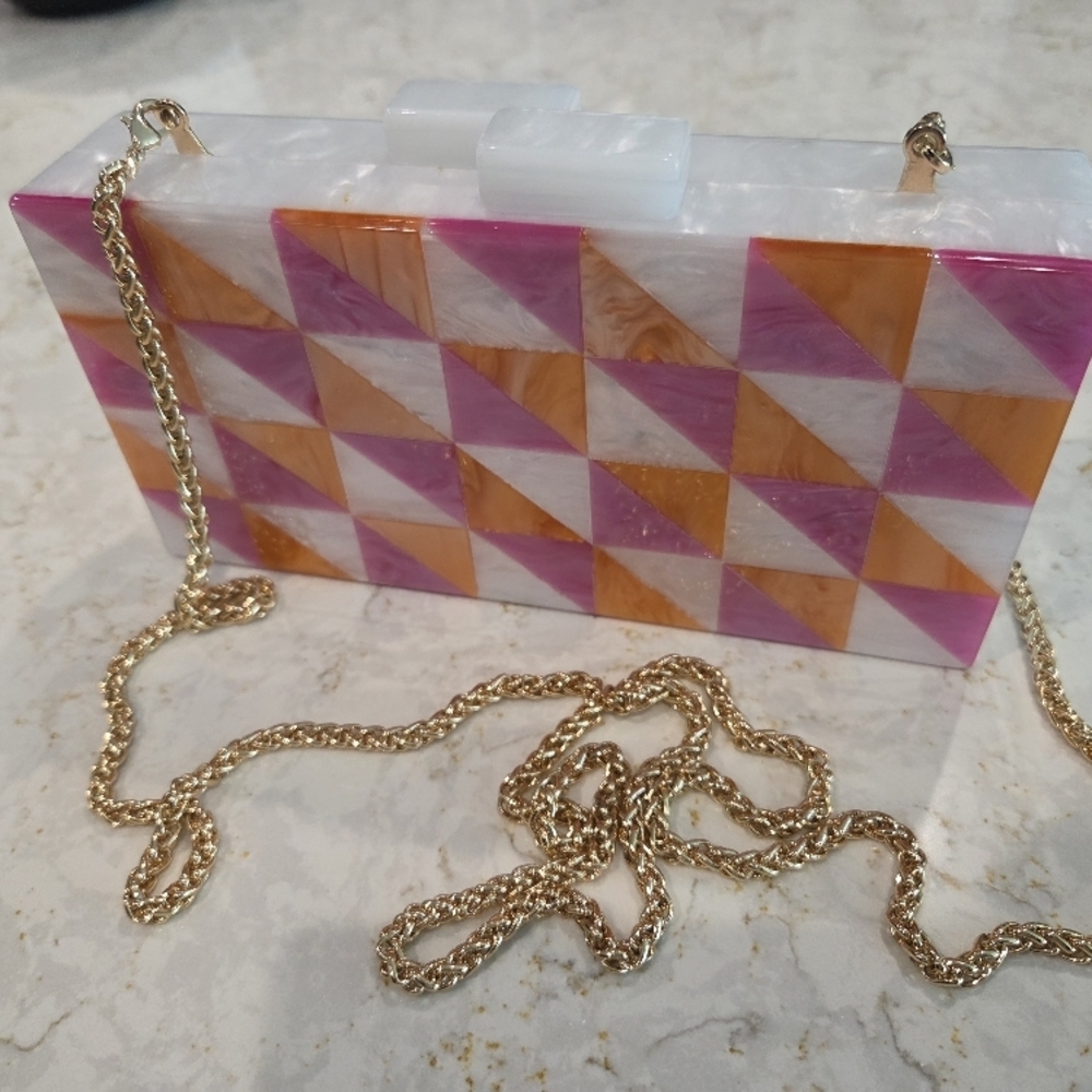 Trina Turk Geometric Pink and Orange Clutch Bag